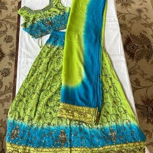 Indian lengha - 3 PC Set - Ombré Blue and Green
